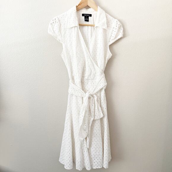 KAREN KANE | White Eyelet Embroidered Wrap Dress Collar Cap Sleeve Tie | Size 8 - Picture 1 of 10